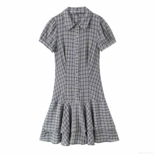 Women Sweet Plaid Mini Dress Short Sleeve Lapel Collar Ruffle Hem Layered Checkered Dress For Daily Casual Vacation Party Ladies Summer Dress