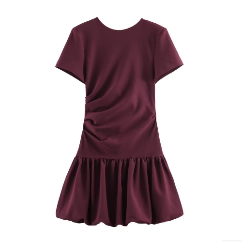 Women's Elegant Short Sleeve Mini Dress Elastic Polyester Spandex Round Neck Ruched Side Balloon Hem Solid Color Dark Red Bodycon Bubble Dress For Party Date Night Casual Daily Wear