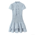 Sweet Light Blue Plaid Tiered Mini Dress Women Ruffle Round Neck Short Sleeve Slim Fit Cotton Blend Summer Daily Dress Ladies
