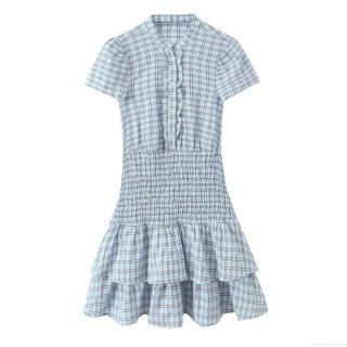 Sweet Light Blue Plaid Tiered Mini Dress Women Ruffle Round Neck Short Sleeve Slim Fit Cotton Blend Summer Daily Dress Ladies