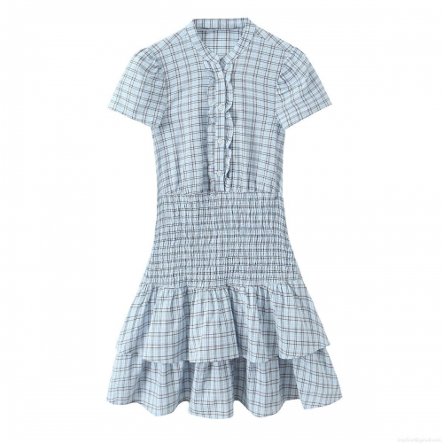 Sweet Light Blue Plaid Tiered Mini Dress Women Ruffle Round Neck Short Sleeve Slim Fit Cotton Blend Summer Daily Dress Ladies