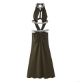 Sexy Backless Hollow Out Halter Maxi Dress Women's Elegant Ink Green Polyester Spandex Sleeveless Evening Party Long Dress Silver Metallic Trim