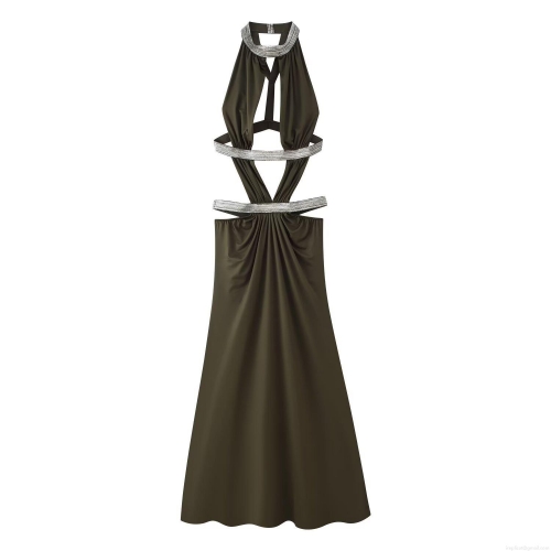Sexy Backless Hollow Out Halter Maxi Dress Women's Elegant Ink Green Polyester Spandex Sleeveless Evening Party Long Dress Silver Metallic Trim