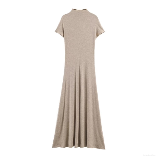 Women's Elegant Mock Neck Ribbed Knit Maxi Dress Slim Fit Stretch Short Sleeve Bodycon Long Dress For Daily Casual Office Party Wear