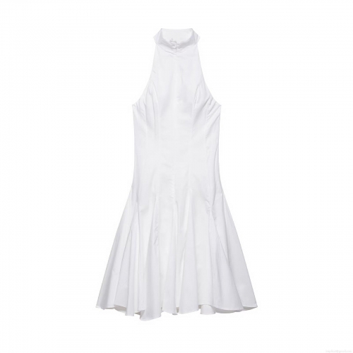 Women's Elegant Halter Neck Sleeveless Midi Dress Minimalist Solid Color Ruffle Trim A-Line Flare Party Dress For Summer Vacation