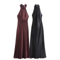 Elegant Women's Halter Neck Backless Satin Maxi Dress Sexy Sleeveless Silk Texture Bow Tie Back Long A-line Dress For Wedding Guest Party Evening Banquet Night Out