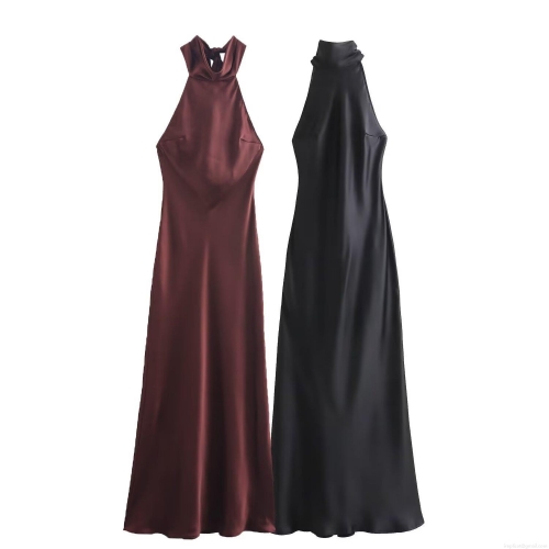 Elegant Women's Halter Neck Backless Satin Maxi Dress Sexy Sleeveless Silk Texture Bow Tie Back Long A-line Dress For Wedding Guest Party Evening Banquet Night Out