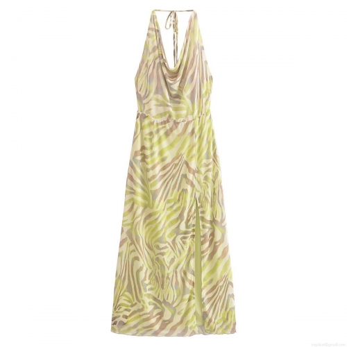 Women Sexy Vacation Halter Maxi Dress Lime Green Zebra Print Lace-up Backless High Slit Long Dress Summer Beachwear Outfit