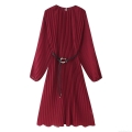 Elegant Wine Red Pleated Maxi Dress For Women 100% Polyester Long Sleeve High Waist A-Line Dress With Belt And Gold Buckle For Commuting Party Daily Wear