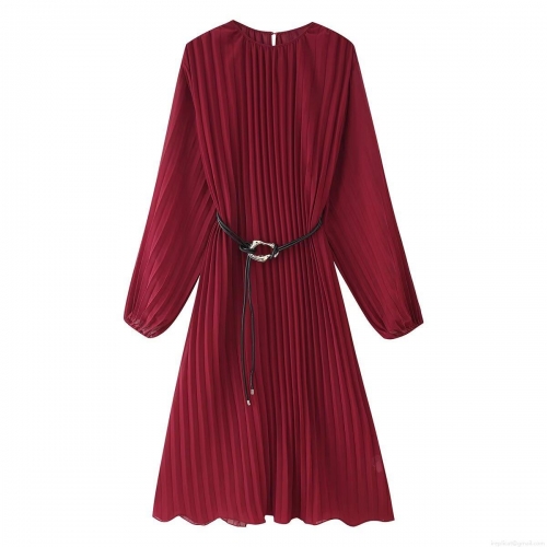 Elegant Wine Red Pleated Maxi Dress For Women 100% Polyester Long Sleeve High Waist A-Line Dress With Belt And Gold Buckle For Commuting Party Daily Wear