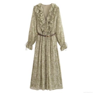 Women's Elegant Floral Chiffon Midi Dress Long Sleeve V-Neck Ruffled Layered A-Line Dress With Faux Leather Belt Bohemian Vintage Style For Vacation Daily Commute