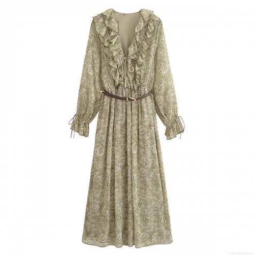 Women's Elegant Floral Chiffon Midi Dress Long Sleeve V-Neck Ruffled Layered A-Line Dress With Faux Leather Belt Bohemian Vintage Style For Vacation Daily Commute