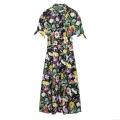 Women's Floral Print Midi Dress 100% Polyester Lapel Short Sleeve Button Down A-Line Belted Dress For Vacation Daily Wear Retro Style