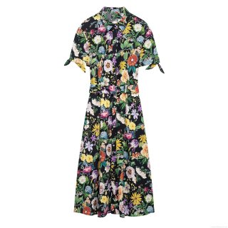 Women's Floral Print Midi Dress 100% Polyester Lapel Short Sleeve Button Down A-Line Belted Dress For Vacation Daily Wear Retro Style