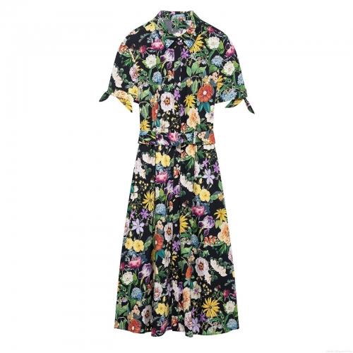 Women's Floral Print Midi Dress 100% Polyester Lapel Short Sleeve Button Down A-Line Belted Dress For Vacation Daily Wear Retro Style