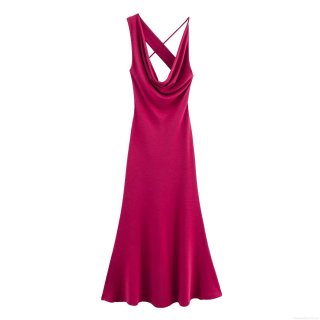 Women Sexy Backless Cowl Neck Maxi Dress Cross Straps Asymmetric Satin Finish Slim Fit Evening Party Gown Elegant Socialite Dress