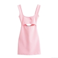 Women Sexy Backless Mini Dress Pink Square Neck Sleeveless Elastic Bodycon Dress Cutout Waist Button Decor Summer Party Club Wear For Lady