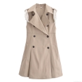 Women's Fashion Sleeveless Trench Dress Lapel Double Breasted Khaki Mini A-Line Dress With Floral Scarf Elegant Commute Office Lady Wear