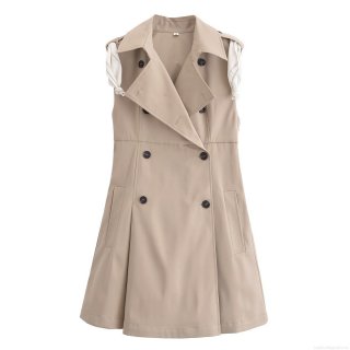 Women's Fashion Sleeveless Trench Dress Lapel Double Breasted Khaki Mini A-Line Dress With Floral Scarf Elegant Commute Office Lady Wear