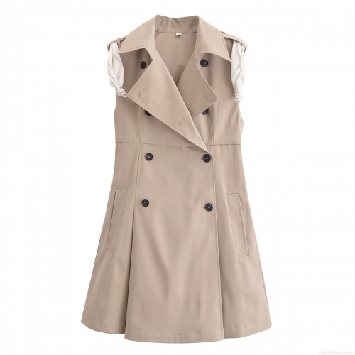Women's Fashion Sleeveless Trench Dress Lapel Double Breasted Khaki Mini A-Line Dress With Floral Scarf Elegant Commute Office Lady Wear