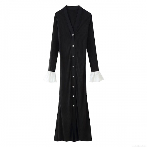 Women's Elegant V-Neck Ribbed Knit Bodycon Midi Dress Long Sleeve Contrast Ruffle Cuffs Button Front Slim Fit Solid Color Knitwear Dress