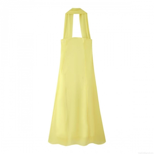 Sexy Backless Halter Maxi Dress Chiffon Scarf Neck Sleeveless A-Line Long Dress For Women Summer Resort Vacation Party Yellow