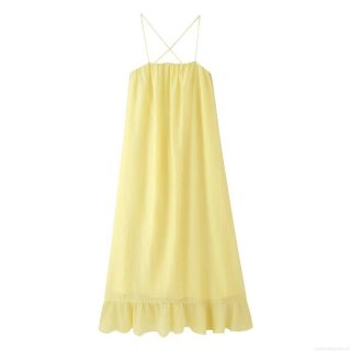 Women Summer Sexy Backless Maxi Dress Yellow Textured Spaghetti Strap Ruffle Hem Loose Big Swing Sun Dress Cross Tie Back Beach Party Dress