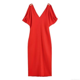 Women's Elegant Red V-Neck Backless Dress With Gold Metal Buckle Pleated Short Sleeve Polyester Midi A-Line Dress For Party Evening Sexy Celebrity Style