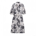 Women Summer Casual Tropical Leaf Print Shirt Dress Elegant Bubble Short Sleeve Button Down Maxi Dress With Belt Casual Vacation Polyester Spandex Wear