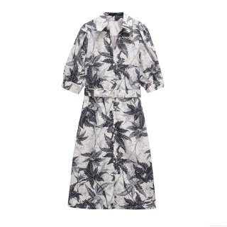 Women Summer Casual Tropical Leaf Print Shirt Dress Elegant Bubble Short Sleeve Button Down Maxi Dress With Belt Casual Vacation Polyester Spandex Wear