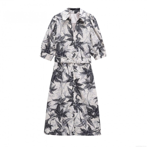 Women Summer Casual Tropical Leaf Print Shirt Dress Elegant Bubble Short Sleeve Button Down Maxi Dress With Belt Casual Vacation Polyester Spandex Wear