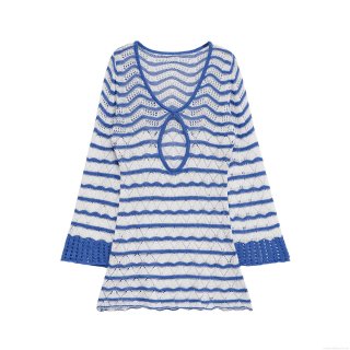 Women's Summer Sexy Striped Hollow Out Knitted Mini Dress Contrast Color Long Flare Sleeve V Neck Slim Fit Bodycon Short Dress For Vacation Party