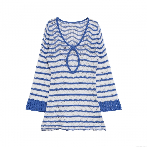 Women's Summer Sexy Striped Hollow Out Knitted Mini Dress Contrast Color Long Flare Sleeve V Neck Slim Fit Bodycon Short Dress For Vacation Party