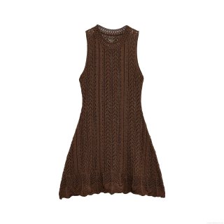 Women's Hollow Out Knit Mini Dress Elegant Sleeveless Round Neck Crochet Short Dress With Metallic Thread Scalloped Hem Summer Beach Party Vacation Wear