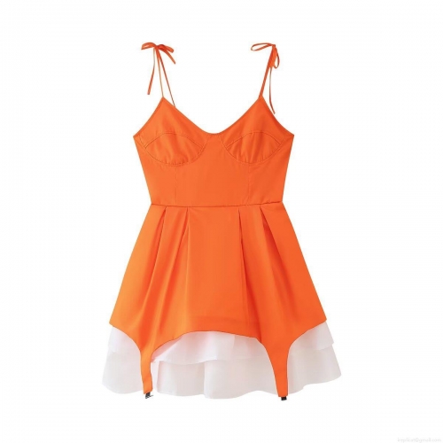 Women Sexy Sweet Spicy Style Orange Mini Dress With Metal Decor Layered Ruffle Hem Strapless Bodycon Camisole Dress For Party Clubwear