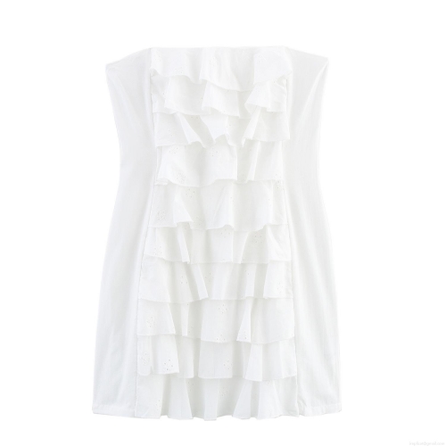 Sexy White Strapless Off-The-Shoulder Ruffle Mini Dress For Women Polyester Embroidery Tiered Bodycon Party Dresses Elegant Summer Broderie Anglaise Short Dress With Back Zipper