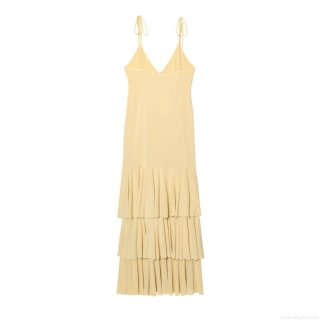 Women Sexy V Neck Backless Layered Tiered Midi Dress Summer Cream Yellow Bow Tie Shoulder Straps Cake Dress For Vacation Party Casual Chic Polyester Spandex Blend