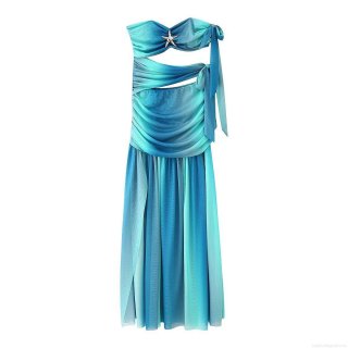 Women's Sexy Gradient Peacock Blue Tube Top Maxi Dress With Starfish Decoration Mesh Pleated Side Tie Slit Beach Vacation Resort Wear