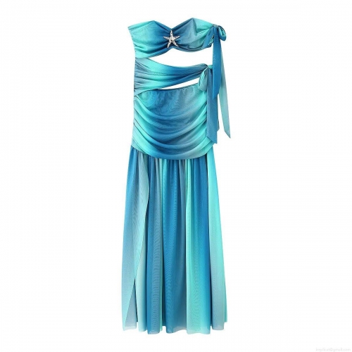 Women's Sexy Gradient Peacock Blue Tube Top Maxi Dress With Starfish Decoration Mesh Pleated Side Tie Slit Beach Vacation Resort Wear