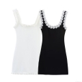 Women Sexy 3D Flower Pearl Decor Mini Dress Summer Sleeveless Bodycon Camisole Dress Polyester Spandex Slim Fit Party Clubwear Black White