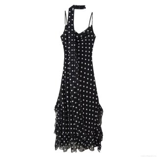 Women's Summer Sexy Polka Dot Midi Dress Cowl Neck With Scarf Tie Ruffle Hem High Waist Sleeveless Polyester Chiffon A-Line Dress For Party Vacation