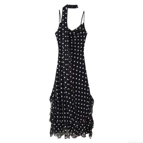 Women's Summer Sexy Polka Dot Midi Dress Cowl Neck With Scarf Tie Ruffle Hem High Waist Sleeveless Polyester Chiffon A-Line Dress For Party Vacation