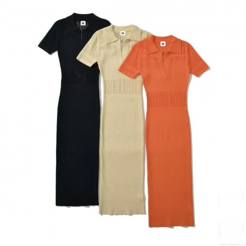 Women's Summer Knitted Bodycon Midi Dress Hollow Out Short Sleeve Polo Collar Slim Fit High Waist Cotton Blend Knit Dress for Daily Party Elegant Lady