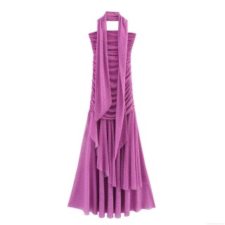 Women Sexy Halter Polka Dot Pleated Mesh Maxi Dress Irregular Hem Sleeveless Backless Long Bodycon Dress For Clubwear Party Evening Summer Fashion