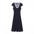 Women's Retro Navy Blue Polka Dot Midi Dress With Lace Trim V Neck Short Sleeve A-Line Summer Elegant Dress For Women