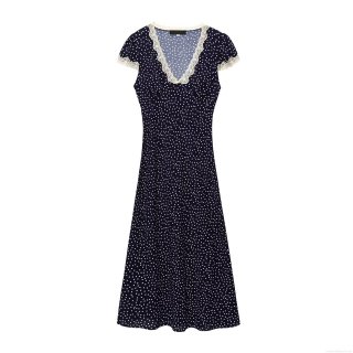 Women's Retro Navy Blue Polka Dot Midi Dress With Lace Trim V Neck Short Sleeve A-Line Summer Elegant Dress For Women