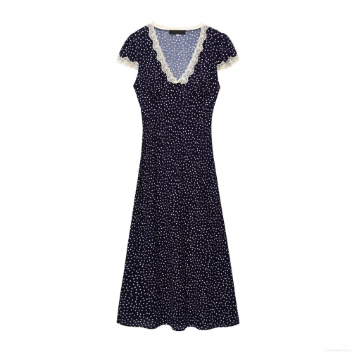 Women's Retro Navy Blue Polka Dot Midi Dress With Lace Trim V Neck Short Sleeve A-Line Summer Elegant Dress For Women