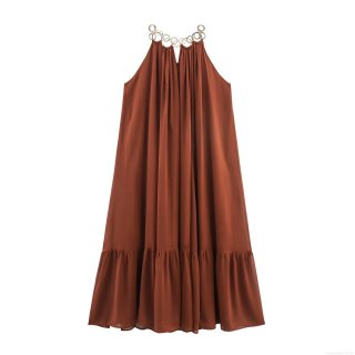 Women Fashion Halter Neck Maxi Dress Metal Ring Decoration Loose Fit Chiffon Pleated A-Line Long Dress For Summer Casual Vacation Ladies