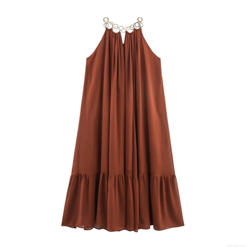 Women Fashion Halter Neck Maxi Dress Metal Ring Decoration Loose Fit Chiffon Pleated A-Line Long Dress For Summer Casual Vacation Ladies