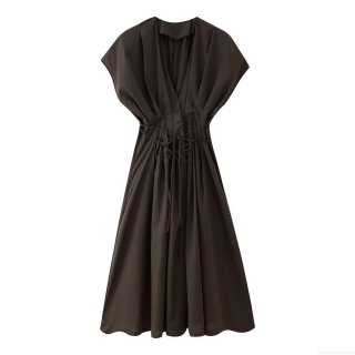 Women's Elegant V Neck Maxi Dress Short Sleeve Tie Waist Pleated A-Line Solid Brown Polyester Spandex Long Dress for Summer Commute Party